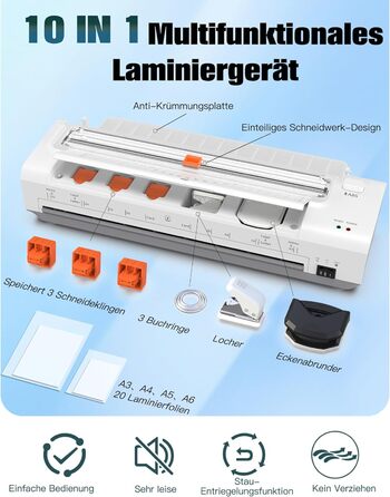 Дюймовий ламінатор A3 з автоматичною подачею паперу, гаряче та холодне ламінування A3, 20 пакетів для ламінування, комплект 10-в-1 з різаком, тримером та закруглювачем кутів для офісу, школи та дому, білий ламінатор A3, білий, 13-