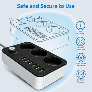 Адаптер розетки з декількома розетками на смужці 3 відділення перемикається з 6 USB (5V / 3.4 A, 17W), перемикається з декількома