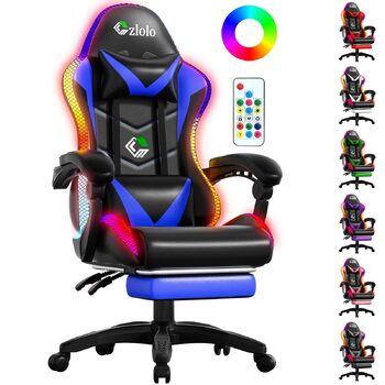 Ігрове крісло з RGB підсвічуванням, підставкою для ніг, ергономічною спинкою, подушкою для голови та масажем. Регульоване по висоті, для дорослих та дітей. Синій RGB-синій колір.