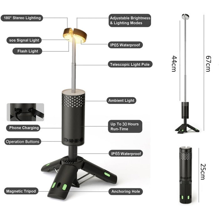 Телескопічний кемпінговий ліхтар для використання на свіжому повітрі, 10000 мАг, портативний світлодіодний робочий ліхтар, магнітна основа для штатива, телескопічний кемпінговий ліхтар для намету