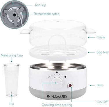 Яйцеварка Navaris на 1-7 яєць - вкл. мірну склянку для води з проколювачем для яєць - регульована твердість - 350 Вт - 22x17,5x14,