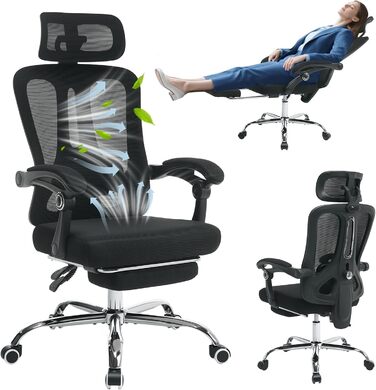 Офісне крісло Garvee з підставкою для ніг, ігрове крісло з сітки, регульоване по висоті, витримує навантаження до 150 кг, ергономічне робоче крісло, регульований підголівник та поперекова опора, надзвичайно широке, зручне чорного кольору