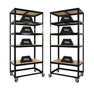 Комплектувальний візок BUFFALO Мобільний комплектувальний стелаж 192x90x50 см 5 полиць Навантаження на полицю 50 кг 2 шт. поворотні ролики та 2 шт. поворотні ролики з фіксуючим гальмом Чорна полиця на колесах Комплект візків для полиць з 2 предметів - 192