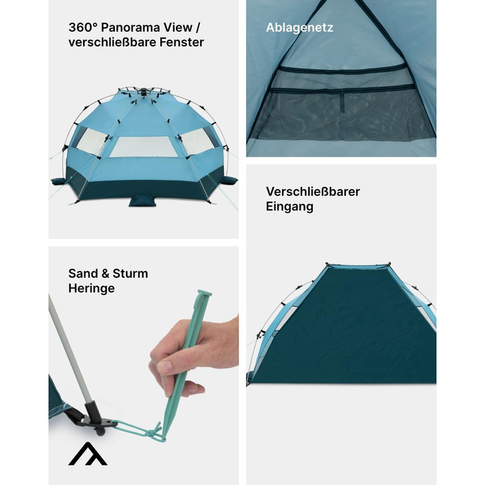 Великий пляжний навіс із захистом від ультрафіолету (UV80) для 3 осіб, включаючи піщані кілочки та сумку на колесах. Захист від сонця для сімей, дітей, немовлят або собак. Світло-блакитний