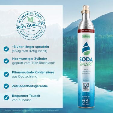 Балон CO2 преміум-класу SodaSmart для виробника газованої води Quooker Наповнений 425 г вуглекислого газу 25 г додатково для більш ніж 60 л Балон з вуглекислим газом як резервний пакет