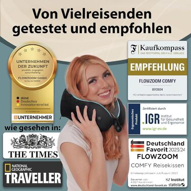 Зручна подушка для шиї FLOWZOOM для літака та автомобіля - Регульована подушка для шиї з піни з ефектом пам&39яті з гнучкими застібками-кнопками для підтримки 360, дихаючий чохол, який можна прати - У комплекті сумка - Чорний 2.2. Зручний - Чорний