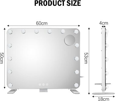Дзеркало для макіяжу MAMIZO Hollywood з підсвічуванням, туалетне дзеркало 60x50 см з 14 світлодіодними лампами з можливістю регулювання яскравості, 3 режими освітлення, дизайн з подвійною основою, туалетне дзеркало, з USB-роз'ємом для зарядки, настільне д