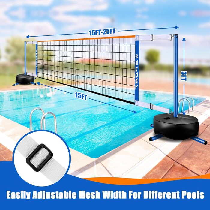 Портативний комплект сітки Furypiont Pool (Волейбол/Теніс/Піклбол), Синій, Регульована довжина 4,57–7,62 м, З міцною основою та 2 м'ячами