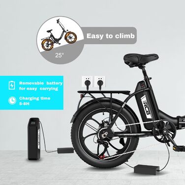 Електричний складний велосипед RCB RK6, ободи шириною 20 дюймів, легка конструкція, підходить для використання в місті та на природі. Чорний.