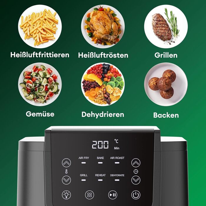 Аерофритюрниця CHEFREE, сімейний розмір 5 л на 4-6 порцій, шухляда з оглядовим вікном, мультиварка 6-в-1, максимальна температура 200C, смаження, гриль, запікання, підсмажування, смаження у фритюрі, без олії, 1500 Вт, 55 дБ, чорний, AFW01