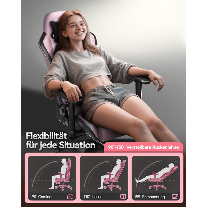 Ігрове крісло AutoFull C3, ергономічне ігрове крісло з поперековою опорою, регулюванням висоти та функцією нахилу, ігрові крісла з підставкою для ніг, вантажопідйомність 150 кг, гоночний дизайн сидіння зі штучної шкіри (рожевий)