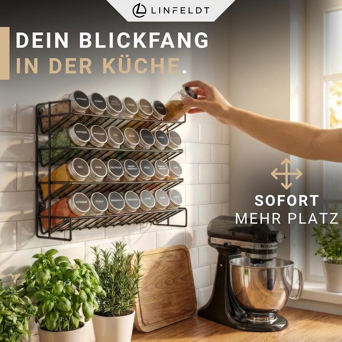 Підставка для спецій на 28 банок - 108 наклейок ручка шурупи для підвішування - Підставка для спецій на місці - Банки для спецій з полицею (спеції не входять до комплекту) - 34,5x25x11,5 см, Чорний