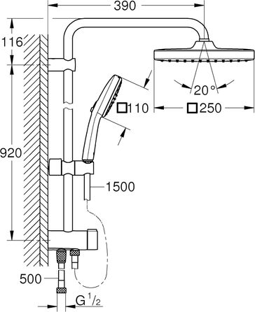 Душова система Grohe Vitalio 250 з перемикачем, економія води - 8 л/хв (для наявної арматури, 2 види струменя, надвелика душова штанга 104 см), квадрат, хром, 26986001