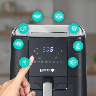 Аерофритюрниця Gorenje AF1350DWB, 1350 Вт, чаша 5,4 л з вікном, 8 автопрограм, антипригарне покриття, LED-дисплей, 28 35,3 32,1 см, чорна
