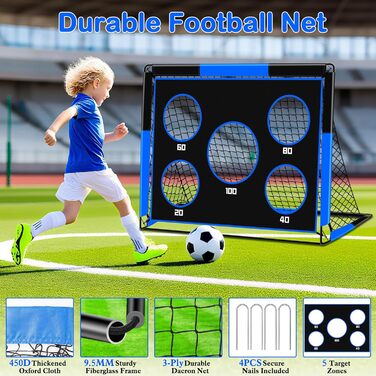 Футбольні ворота 2-в-1 для дітей, 150 x 120 см, портативні та стабільні футбольні ворота з 5 зонами для удару, 4 кріпленнями для землі та 1 сумкою для перенесення, стабільні для саду, парку, пляжу, сині 150 x 120 x 120 см