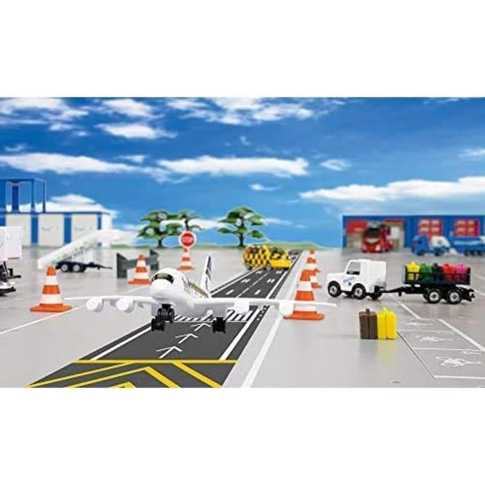 Набір для аеропорту, Метал/Пластик, Білий, Включає авіалайнер, кейтерінговий автомобіль, причіп з пасажирськими сходами, тягач для аеропорту, багажний причіп та 5-метрову стрічку для злітно-посадкової смуги, 6312