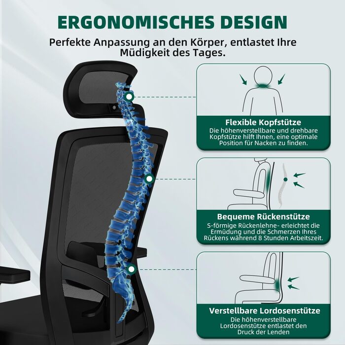Ергономічне офісне крісло, ергономічне офісне крісло з регульованою поперековою опорою, підлокітниками та підголівником, обертове офісне крісло 150 кг, крісло для керівника з функцією гойдання до 135, чорне, варіант 1