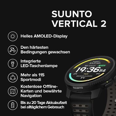 Годинник SUUNTO Vertical 2 Adventure, двочастотний GPS, понад 115 спортивних режимів, 1,5-дюймовий сенсорний екран, безкоштовні глобальні офлайн-карти, 40-денний час роботи від батареї, для тренувань та щоденних пригод, чорний