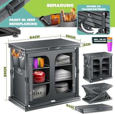 Складана кемпінгова кухня KESSER Кемпінгова шафа для вулиці 84x80 см Кухонна шафа з алюмінієвим каркасом, 6 полиць, включаючи набір чашок з 4 предметів, бічні кишені та москітну сітку Кемпінгова кухня виготовлена з тканини, стійкої до ультрафіолету, 6 пол
