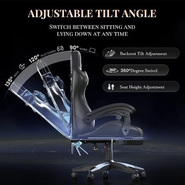 Ігрове крісло bigzzia з функцією масажу та висувною підставкою для ніг, ергономічне поворотне крісло, регульована спинка 90-135, м&39яке ігрове крісло з масажною поперековою подушкою та підголівником, чорне