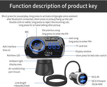 Передавач Bluetooth 5.0, AUX-вхід TOTMOX з підтримкою TF-карти, портативний радіоадаптер MP3-плеєра з подвійним швидким зарядним пристроєм USB QC3.0