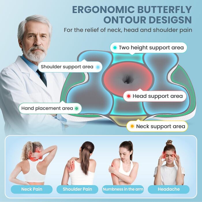 Подушка A-Pce з піни з ефектом пам&39яті для всіх типів сну, ергономічна ортопедична подушка для голови для полегшення болю в шиї та плечах, подушка для шиї зі знімним чохлом, сіра, велика