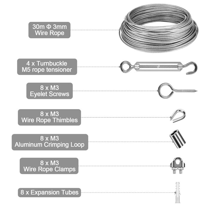 Трос 3 мм з нержавіючої сталі, комплект сталевих тросів 30M, сталевий трос, обшитий люверсами, набір натяжних тросів, набір шпалер для штор, мотузки для білизни, витких рослин