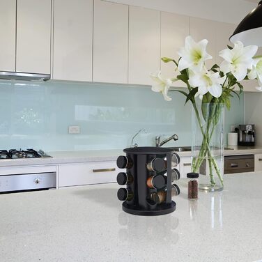 Карусель для спецій Relaxdays з 12 баночками для спецій, включаючи вставку-шейкер, обертова, багаторазова підставка для спецій для кухні, чорна