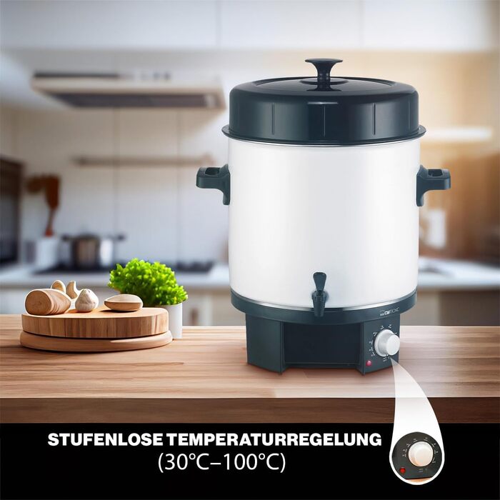 Машина для гарячих напоїв і консервації Clatronic 2в1 з ємністю бака 25 л Горщик для консервації, наприклад, глінтвейну або пуншу Глінтвейн з емаллю та вбудованим зливним краном 1800 Вт EKA 3338 Одномісний