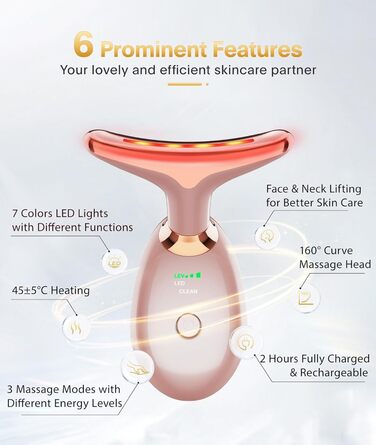 Електричний масажер для обличчя Leotop, косметичний пристрій для обличчя та шиї, пристрій для обличчя Face Beauty Meter для підтяжки та підтяжки шкіри, масажний обігрівач EMS проти зморшок. (7 режимів освітлення з рожевого золота)