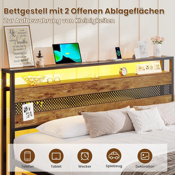 Ліжко 140x200 з металевою рейковою основою, металевий каркас ліжка з розеткою та функцією зарядки через USB, двоспальне ліжко з місцем для зберігання речей, підлогове ліжко, дитяче ліжко, каркас ліжка для спальні та гостьової кімнати (140x200 см)