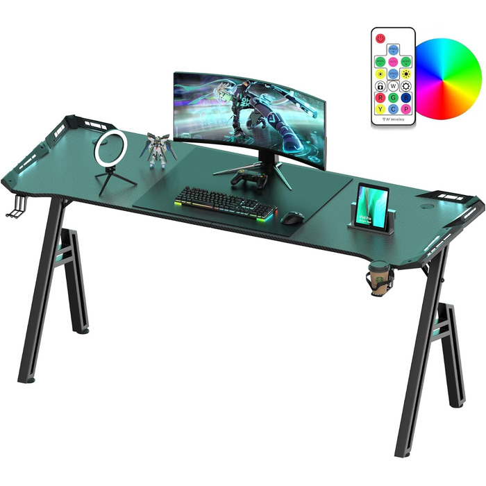 Ігровий стіл зі світлодіодним освітленням, 160x60 см, ігровий стіл з А-подібною рамою, стабільний ігровий стіл для ПК з крутим вуглецевим покриттям, ергономічний дизайн з гачком для навушників та підсклянником, легко збирається, 160 x 60 см зі світлодіодн