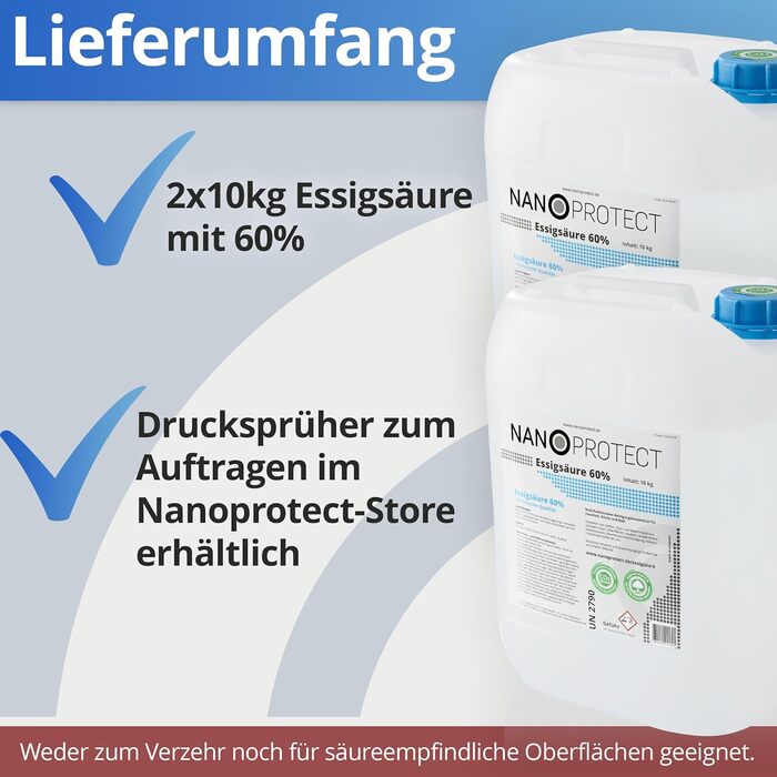Оцтова кислота Nanoprotect 60 2 x 10 кг кліматично нейтральна, для чищення та видалення накипу