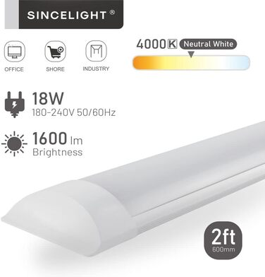 Світлодіодна стрічка SINCELIGHT 18 Вт, вбудована лампа 2 фути (60 см), стельове освітлення або настінний світильник для кухні, гаража, майстерні, ванної кімнати, складу, офісу, магазину, нейтральний білий 4000K, 1 частина нейтрального білого (4000k) 2 фут