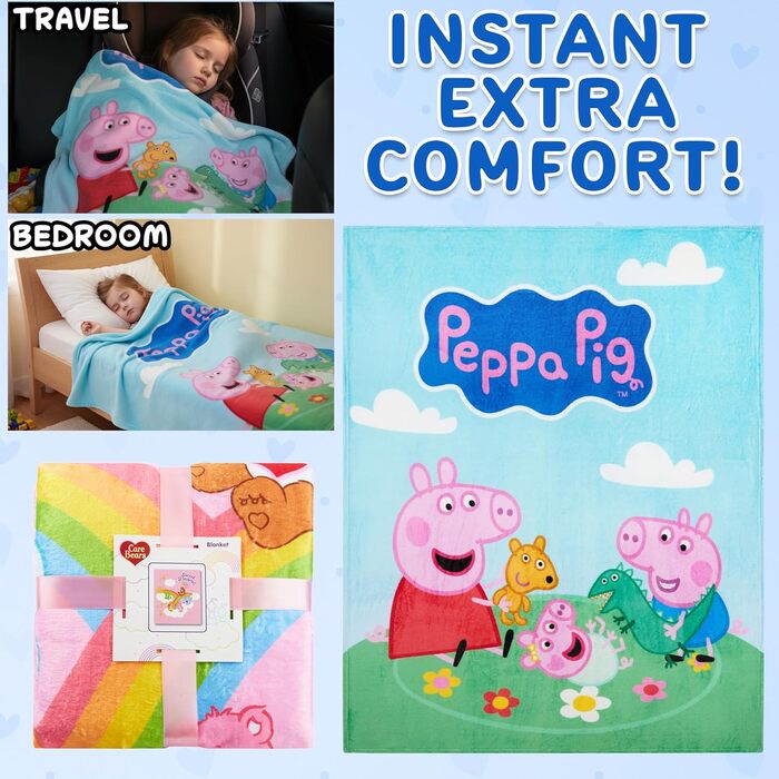 Дитяча ковдра Get Trend Peppa Pig 130x150 см, пухнаста флісова ковдра з мотивом, м&39яка ковдра для дивана та ліжка, подарунок для дівчаток та хлопчиків (різнокольоровий колір Peppa Pig)