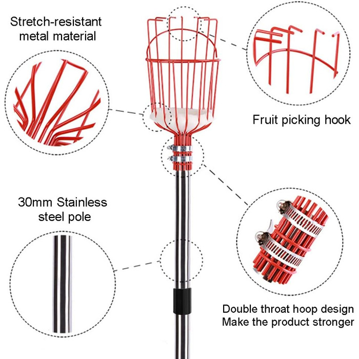 Збирач яблук з телескопічною ручкою з нержавіючої сталі 2.0M, збирач фруктів з телескопічною ручкою металевий, збирач вишні на відкритому повітрі, збирач фруктів з телескопічною жердиною, помічник комбайна для збору врожаю груш ягід Ø 145мм