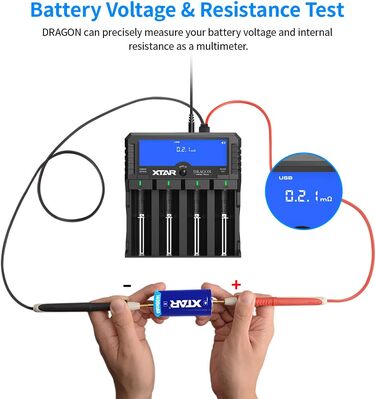 Зарядний пристрій для акумуляторів XTAR Dragon VP4L Plus 18650 21700 для літій-іонних акумуляторів 3,6 В/3,7 В, нікель-металгідридних акумуляторів 1,2 В типу AA/AAA та нікель-металгідридних акумуляторів 11,1 В 3S. Перевірте стан вашого акумулятора.