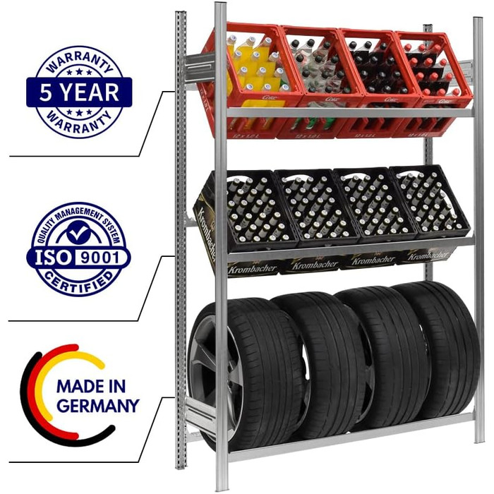 Стійка для ящиків для напоїв та шин PROREGAL CHIEMSEE TIRE, виготовлена в Німеччині ВxШxГ 200x136x43,5 см 6 ящиків 4 шини Оцинкована Стійка для ящиків для напоїв, підставка для шин, гаражна стійка, підвальна стійка для 6 ящиків та 4 шин (широка), оцинкова
