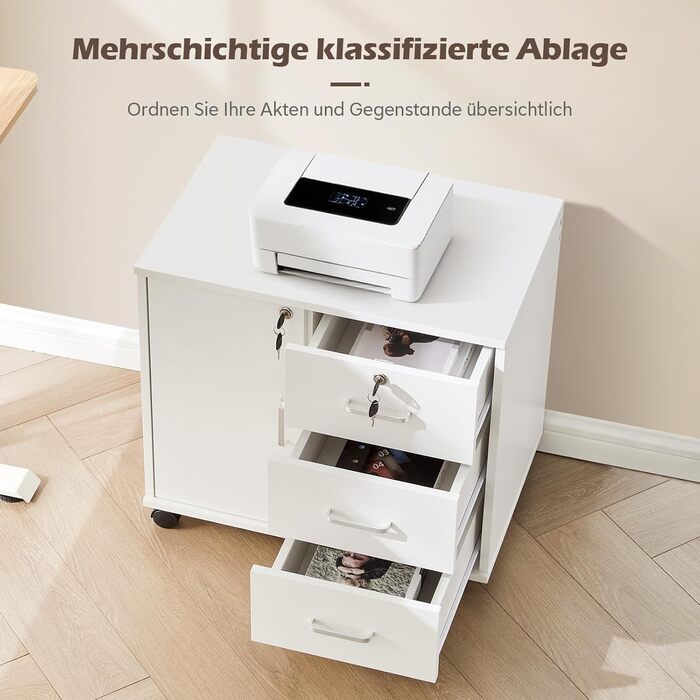 Шафа для файлів TUKAILAI на колесах із замком, мобільна шафа для документів із 3 шухлядами та відділенням, 4 коліщатка, шафа з шухлядами для офісу та домашнього офісу, біла