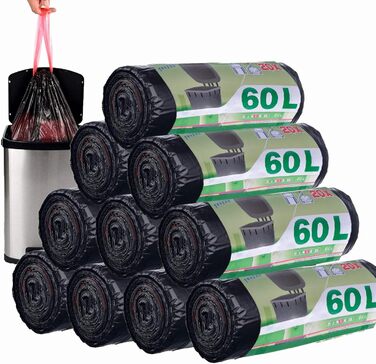 Сміттєві пакети ASelected, 200 шт. , 50-60 л, зі шнурком, сміттєві пакети з ручкою, супергерметичні, 10 рулонів, пакет для сміття зі шнурком, 60 літрів, великий 71 x 64 см, чорний, 60 л-чорний-200 шт.