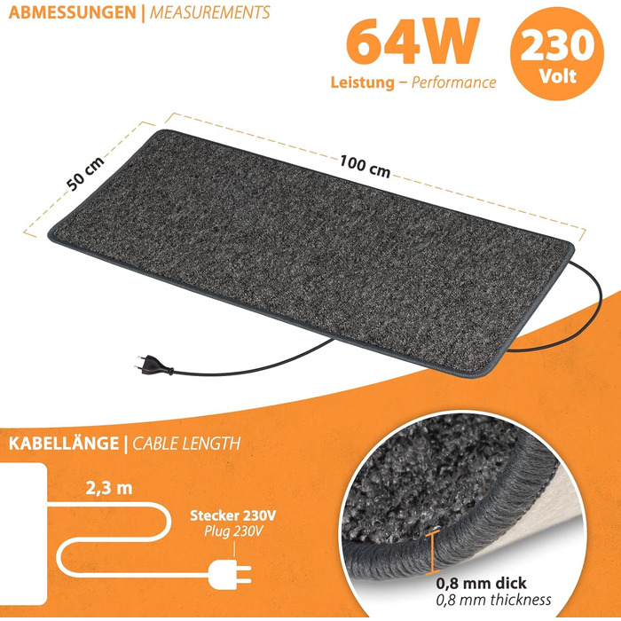 Інфрачервоний нагрівальний килимок для дому та офісу, антрацит 50x100 см, 64 Вт, 230 В