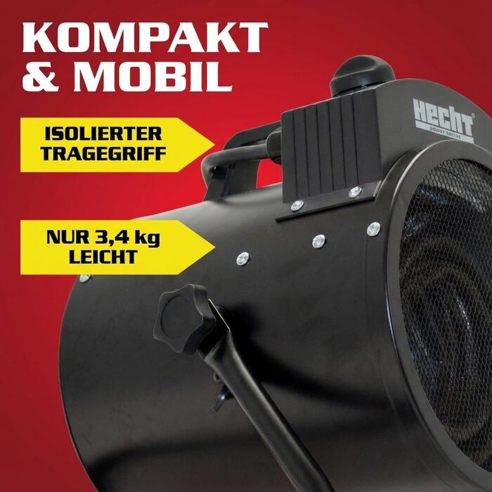 Електричний обігрівач HECHT Портативний обігрівач 3000 Вт 3 рівні потужності Термостат Енергоефективний Підходить для будівельних майданчиків, гаражів, майстерень, кемпінгу, віталень, Чорний