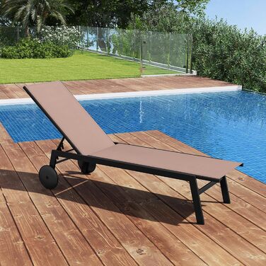 Комплект із 2 предметів Шезлонг на колесах, Садовий шезлонг з регульованою спинкою та швидковисихаючою тканиною, Шезлонг на колесах витримує до 150 кг, Шезлонг для саду, балкону, тераси (коричневий) 2 коричневих