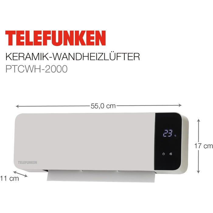 Керамічний настінний вентилятор-обігрівач Telefunken PTCWH-2000W Світлодіодний дисплей з цифровим термостатом та пультом дистанційного керування, функція таймера, коливання, вентилятор, захист від перегріву, 18-45C