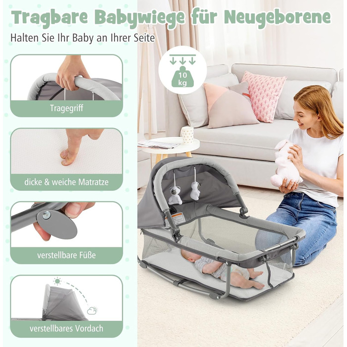 Дорожнє ліжечко 5-в-1 для немовлят з матрацом, 110 x 78 см, Ліжечко Side-by-Side з колискою та пеленальний килимок, Повний комплект дитячого ліжка для новонароджених та дітей до 36 місяців (сірий)