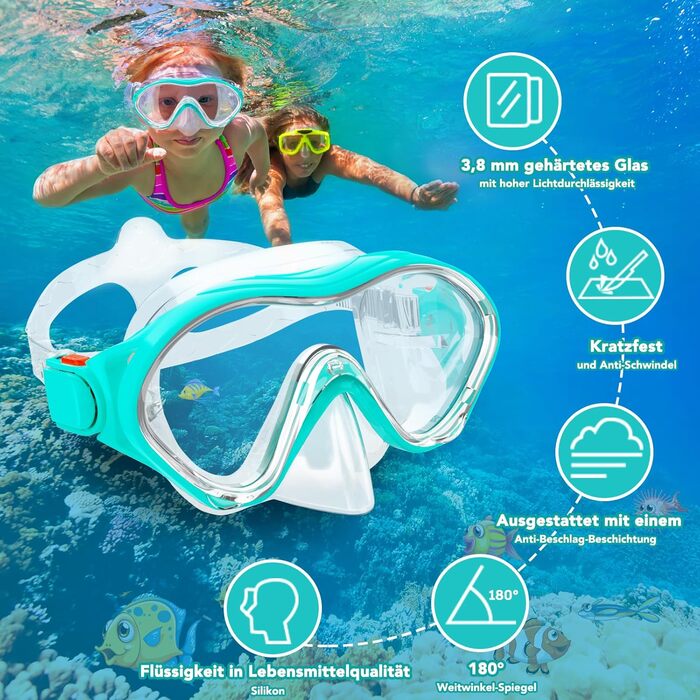 Набір для дитячого підводного плавання з ластами, панорамна маска для дайвінгу з широким оглядом 180 та захистом від запотівання, регульовані ласти, високоякісна маска для підводного плавання та трубка сухого типу, колір аквамариновий