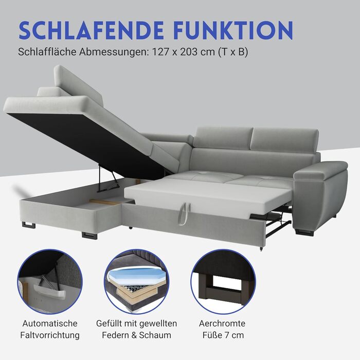 Кутовий диван з функцією сну та відділенням для зберігання речей Nicole 270x202x96 см (ШxГxВ) L-подібний диван з регульованими підголівниками Кутовий диван з функцією сну Пружинна основа Диван сірий лівий, шезлонг лівий сірий