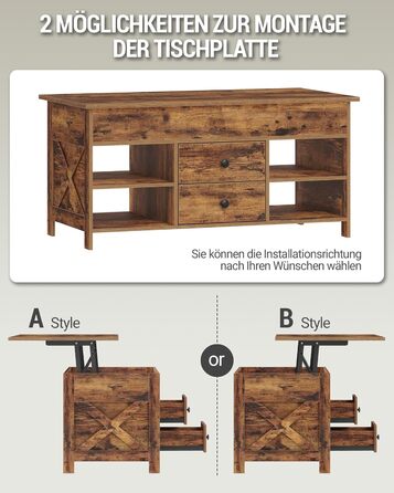 Журнальний столик Hzuaneri, стіл для вітальні з регульованою висотою, диван-столик, 2 шухляди та приховане місце для зберігання, 50 x 100 x 47,3-61,3 см, для вітальні, їдальні, офісу, вінтажний коричнево-чорний CT22101B