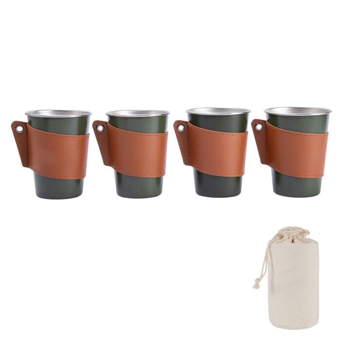 Набір з 4 кавових чашок з нержавіючої сталі 304 для зовнішнього використання об&39ємом 350 мл, зі шкіряним тримачем