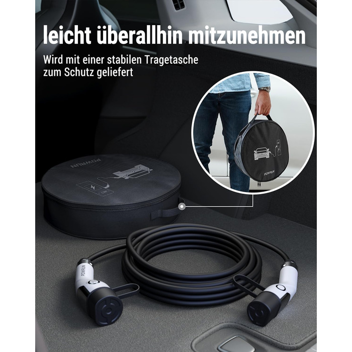 Зарядний кабель Powrun тип 2 22кВт 5м 32А з сумкою для перенесення, зарядний кабель електромобіля тип 2 3-фазний IP55 водонепроник